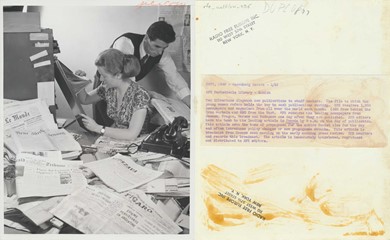 The librarians dispatch new information to staff members. The file to which the young woman refers holds the key to each publication routing. RFE receives 1,300 newspapers and magazines from all over the world each month. Radio Free Europe Photo collection, Blinken OSA.